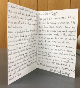 photo shows thank you card from Sgt. Michael Walkup