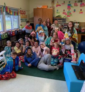 photo shows students dressed in pajamas