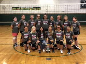 photo shows group of girls volleyball players in gym smiling