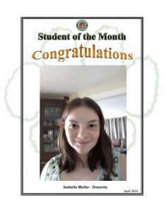 Student of the Month Congratulations Isabella Muller of Oneonta