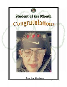 Student of the Month Congratulations Cloe King of Plattsburgh