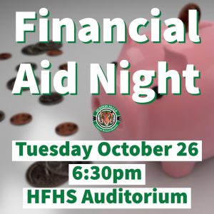 photo shows piggy bank with the words financialAid night on it