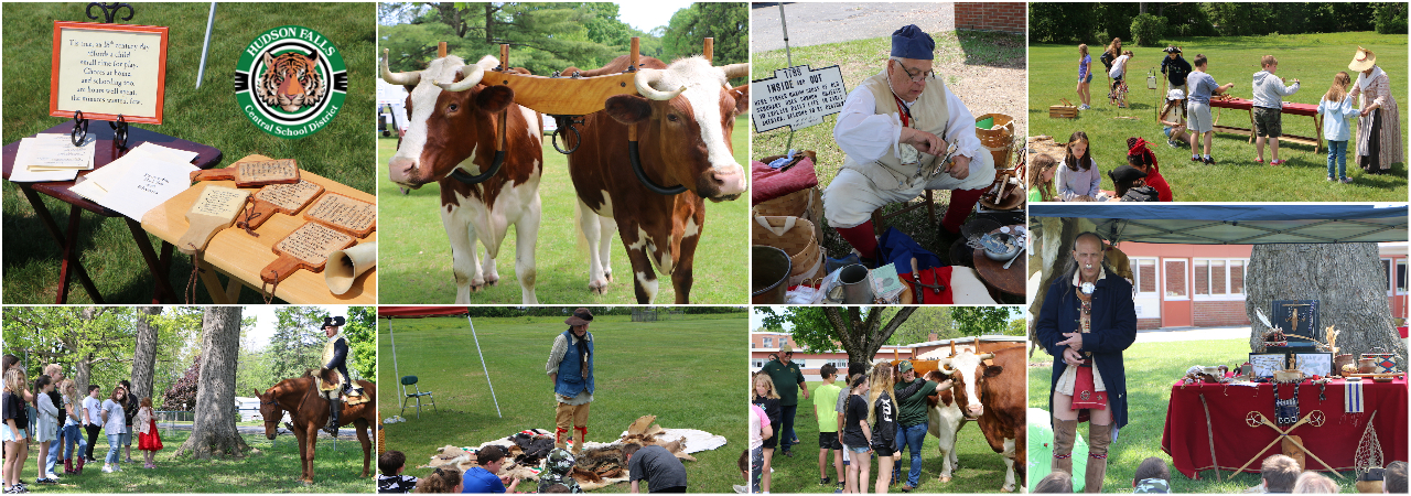Photo collage of students at colonial days, featuring cattle, native Americans and 18th century characters