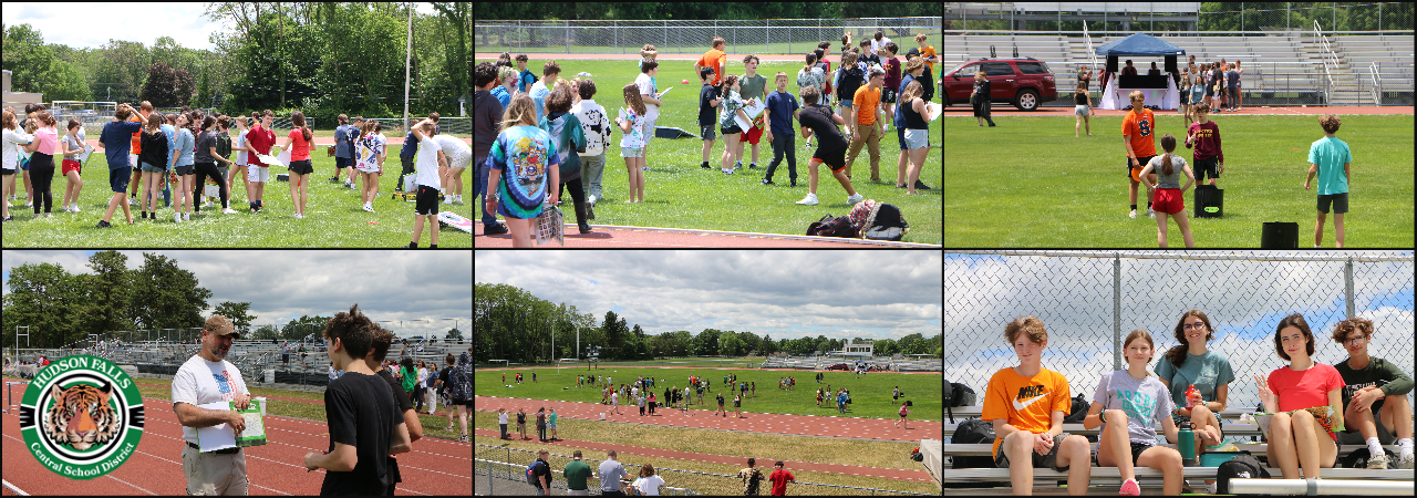 Photo collage of 8th grade students on the football field playing yard games and signing yearbooks