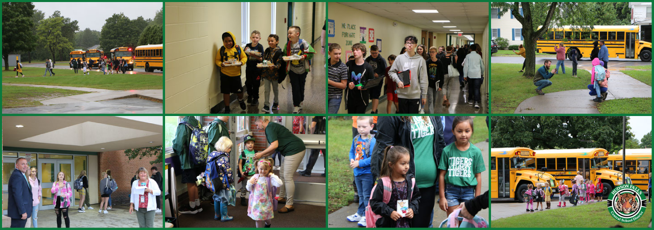 Photo collage of students coming into school