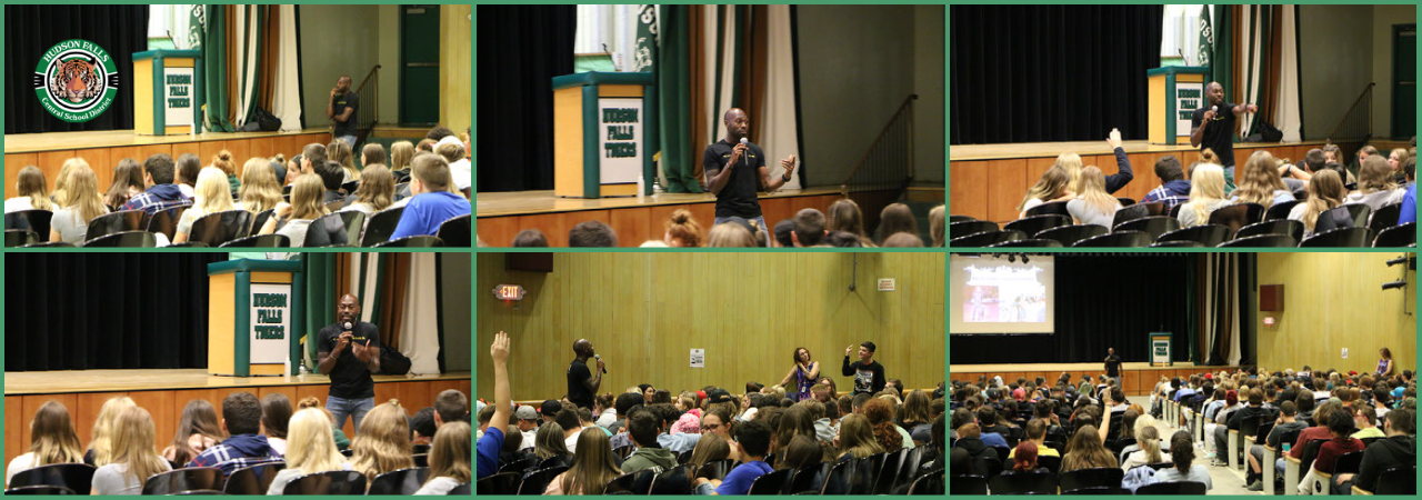 Photo collage of students at an assembly in the auditorium with Tay Fisher