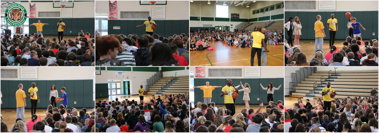Middle School students at an assembly in the gymnasium with Tay fisher