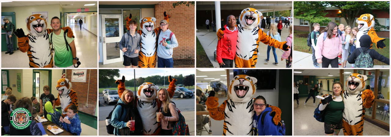 Photo collage of IS and HS students with the tiger mascot