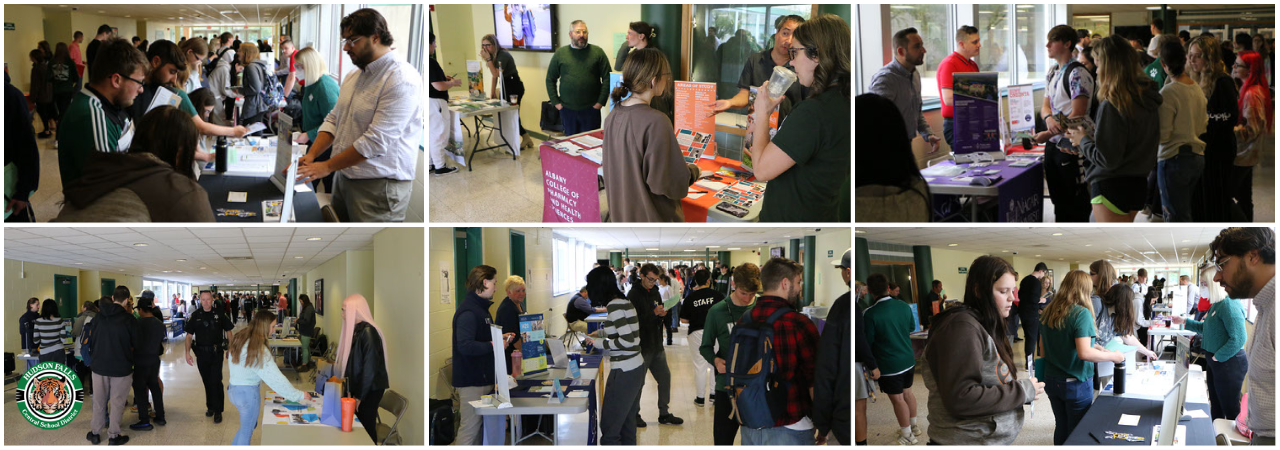 High school students talking with colleges at tables.