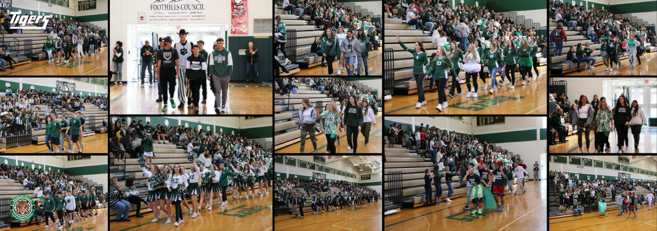 Photo collage of the sports teams parade at the high school homecoming pep rally in the gym.
