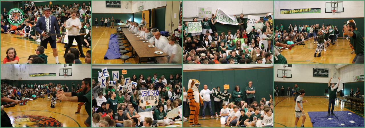 photo collage of students at the middle school in the gym having a pep rally, with tug of war, pie eating and cheers.