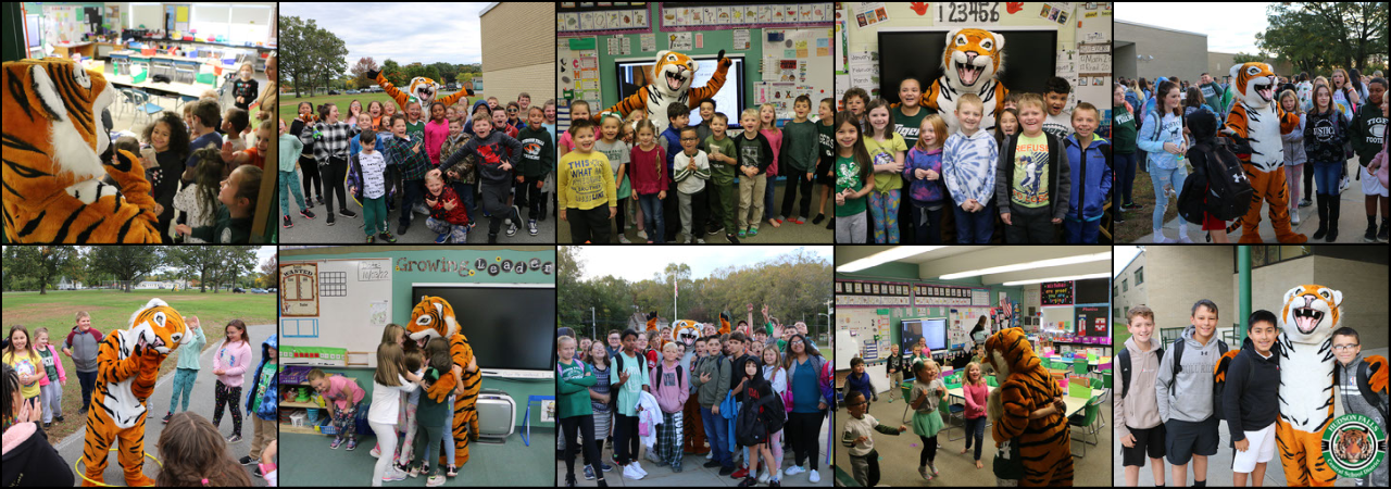 Photo collage of students with the tiger mascot