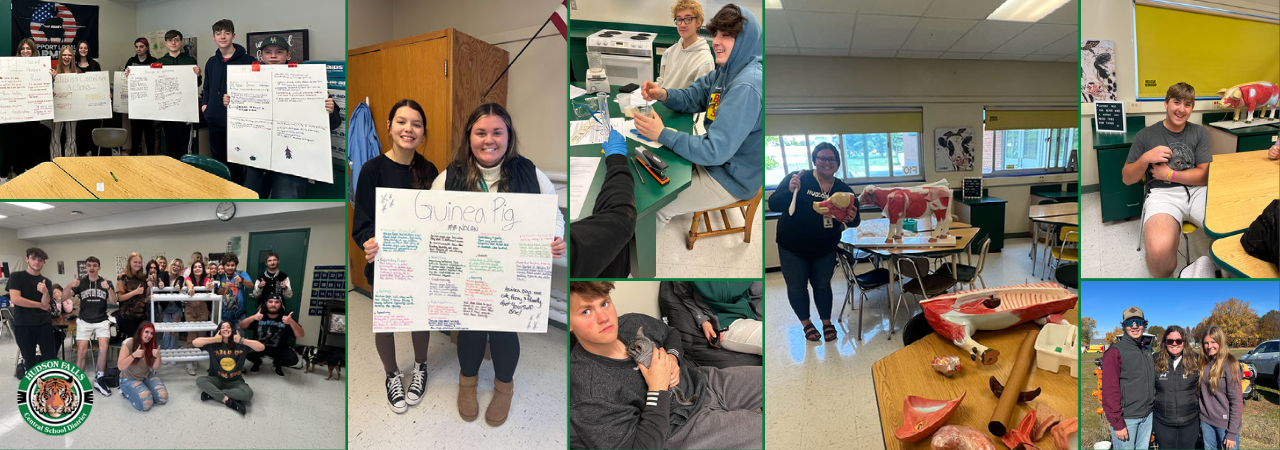 photo collage of students in agricultural science classes, posterboards, a chinchilla and animal models.
