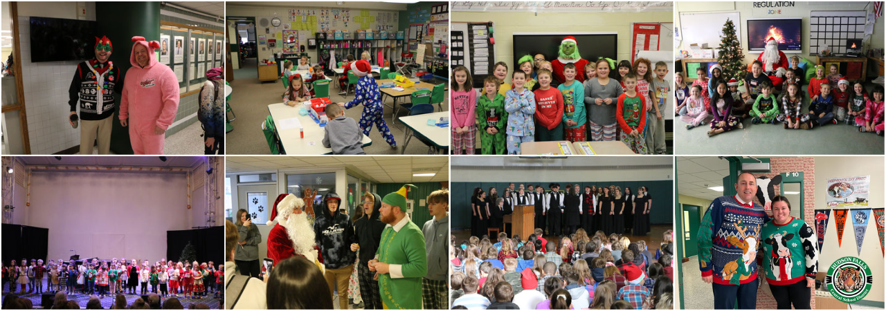 Photo collage of holiday concerts, santa, the grinch, buddy the elf and students in Christmas clothes 