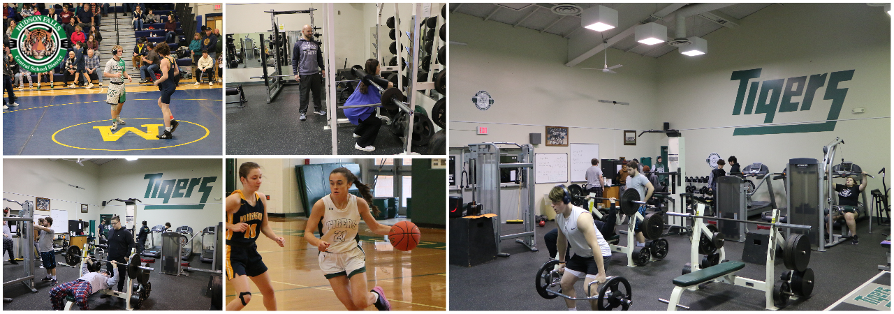 phote collage of students lifting weights, playing basketball, wrestling