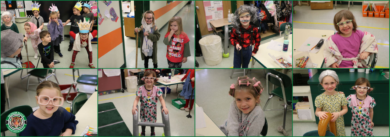 photo collage showing students dressed up as elderly people to celebrate 100 days of school