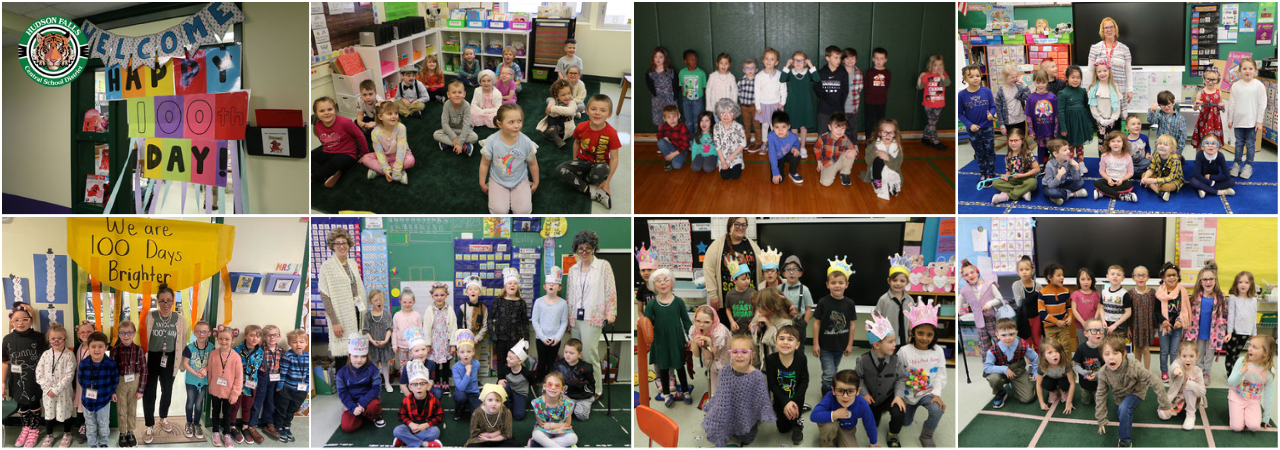 photo collage showing kindergarten students dressed up as elderly people for 100 days of school