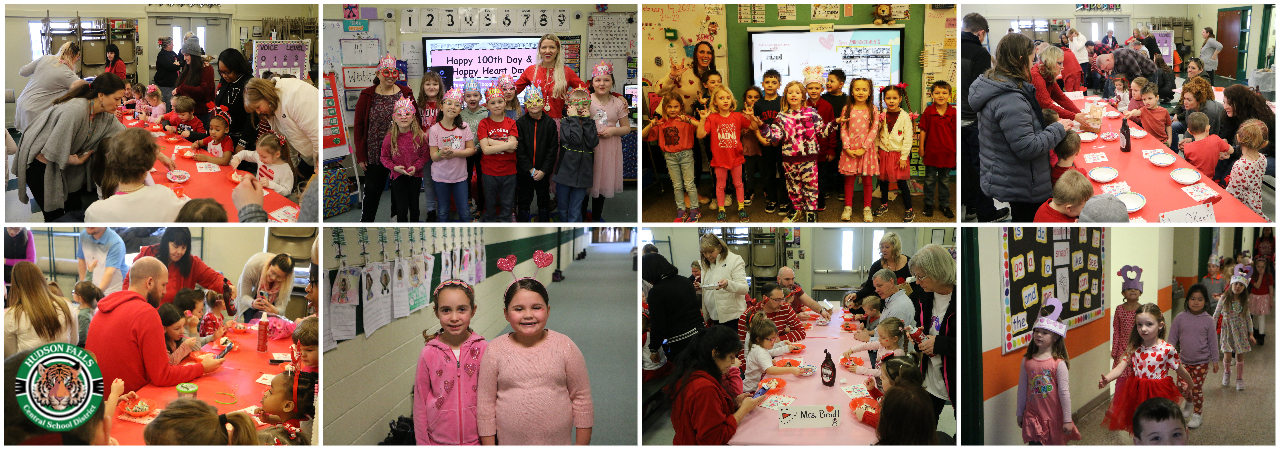 photo collage of primary students celebrating 100 days and wearing red