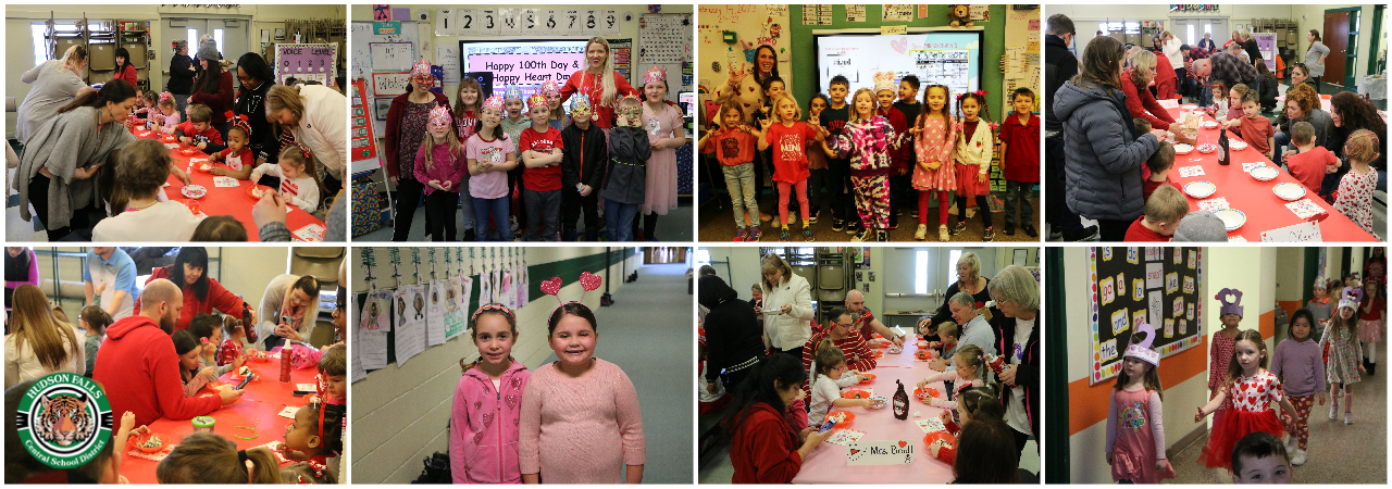 photo collage of primary students celebrating 100 days and wearing red 