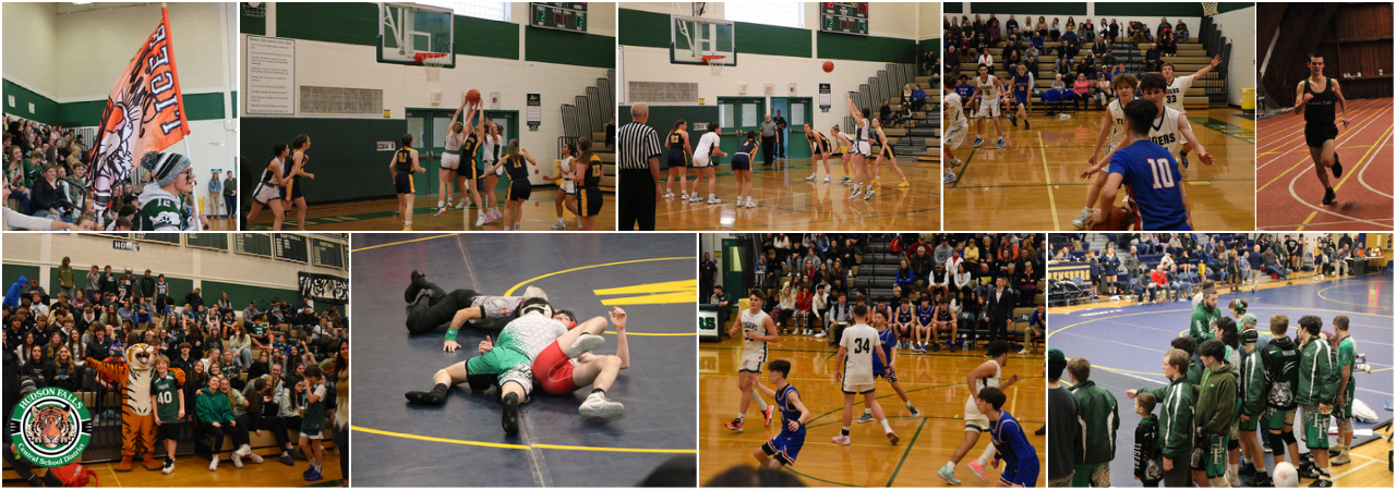 photo collage of basketball, wrestling, track and student group pictures