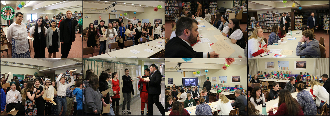 photo collage of students participating in an Ellis Island reenactment.  