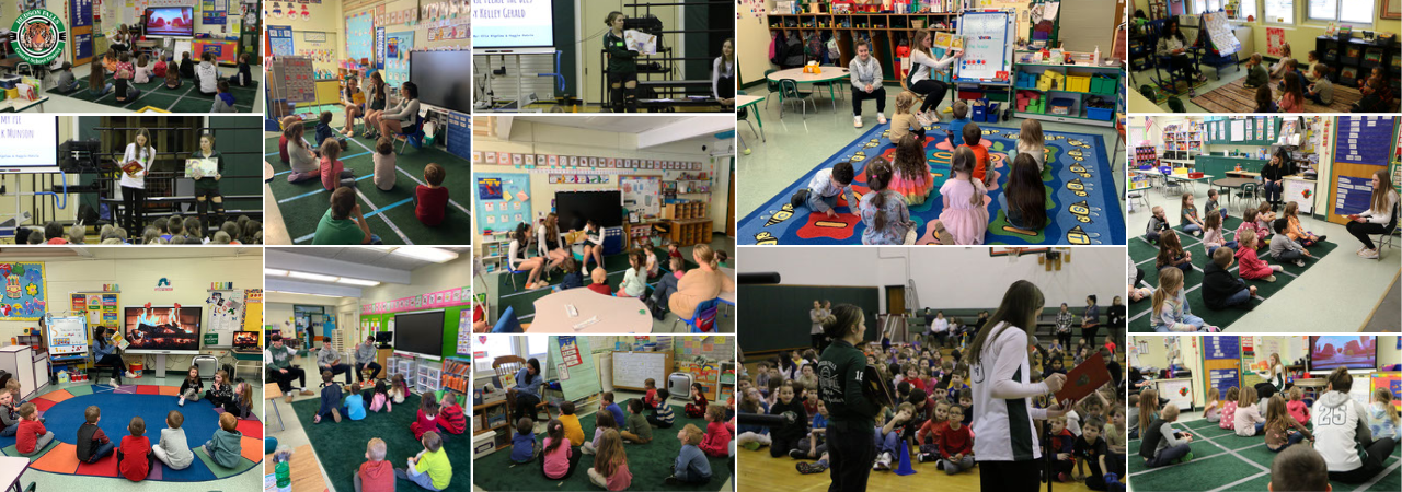 Photo college of varsity athletes reading books in kindergarten classrooms