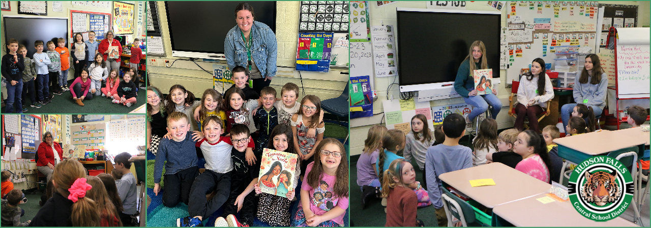 photo collage of 2nd graders being read to by guest readers