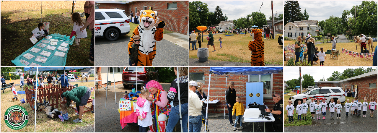 photo of kids at a carnival with horses, clowns, tiger mascot and games