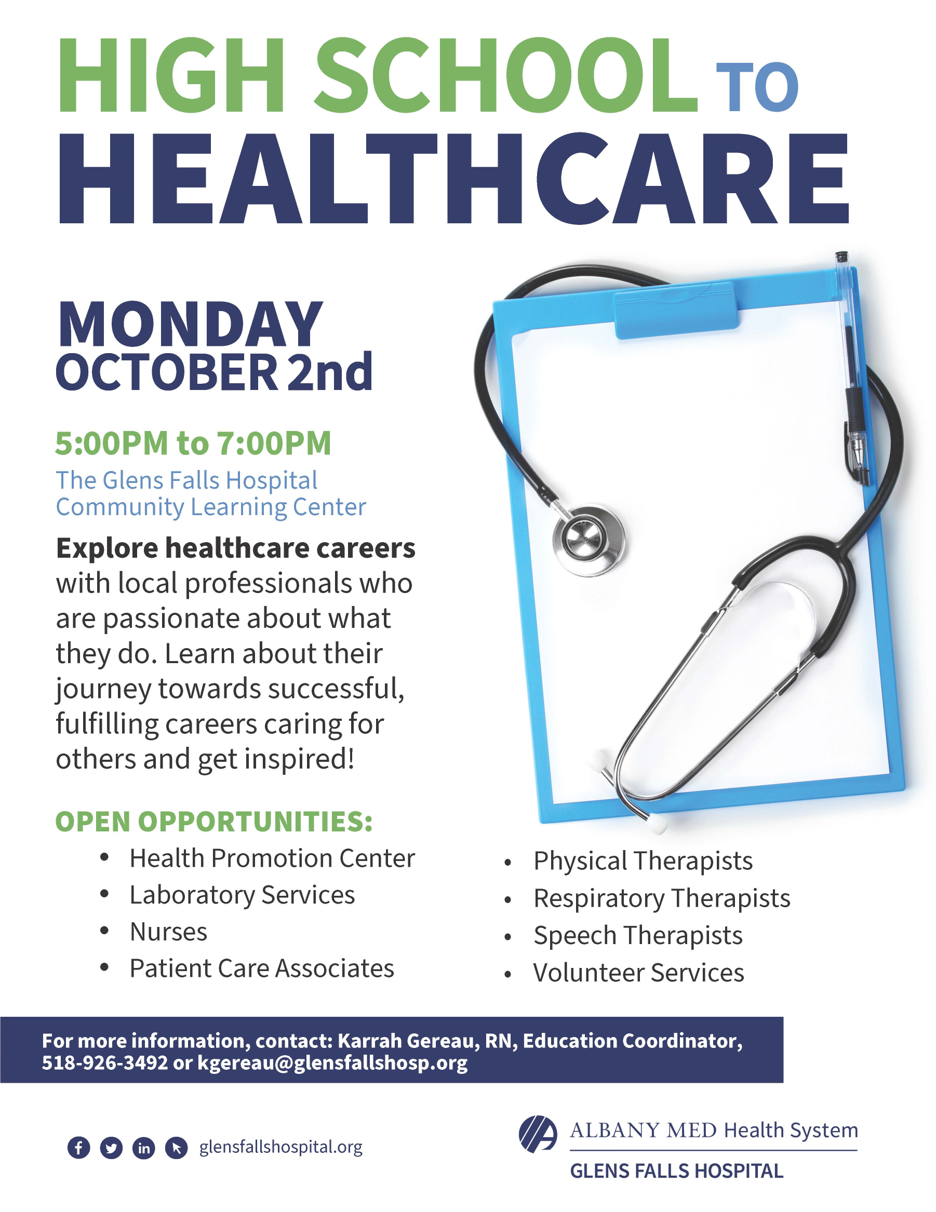 Flyer for healthcare professionals night for students to explore healthcare careers from professionals