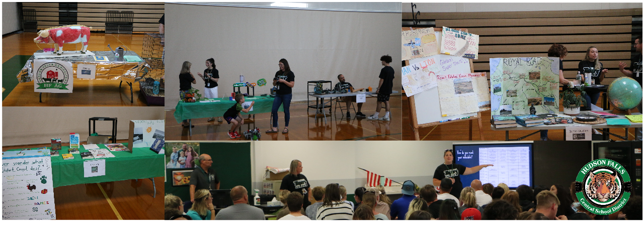 Booths of clubs, and parents listening to a presentation about schedules