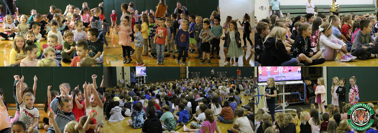 Photo collage of kindergarten and primary students in the gym at the all school meeting.