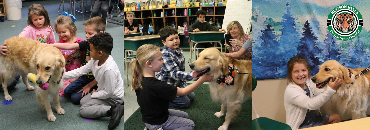 3 Photos of students petting a therapy dog on a classroom visit