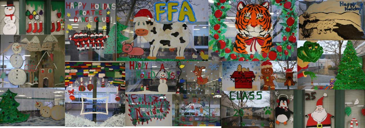 A collage of holiday window art