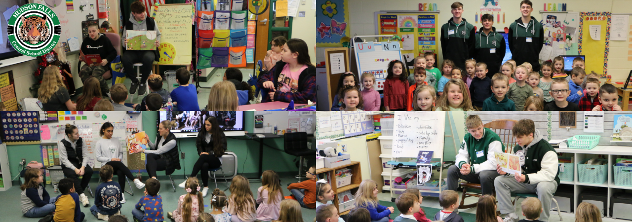 a photo collage of high school athletes reading to elementary children