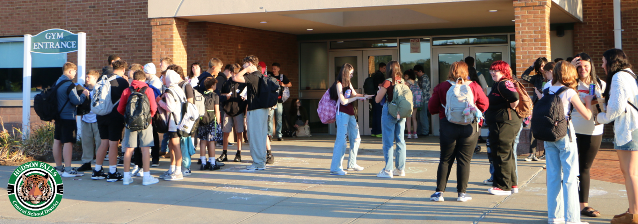 Students in front of the HS on the first day of school